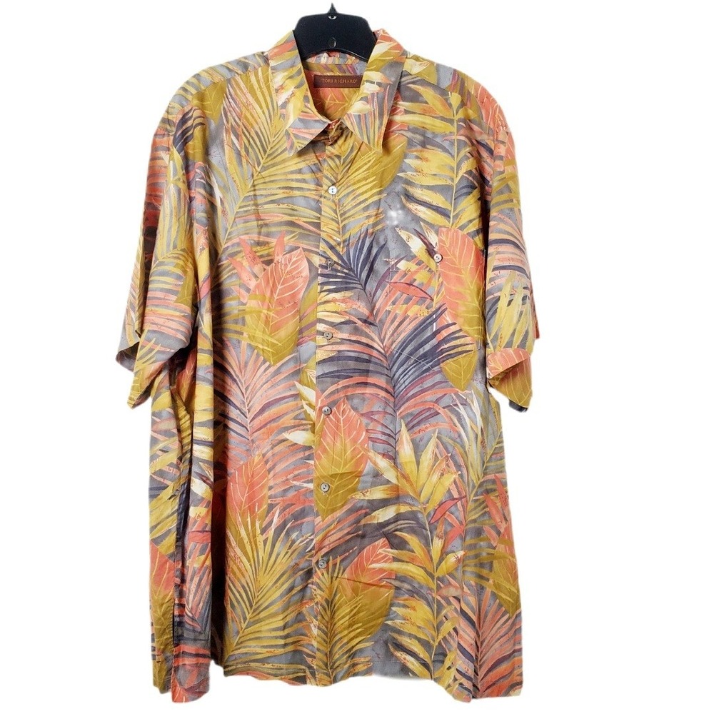Tori Richard Tropical Leaf‎ Print Men's 2XB Cotton Lawn Aloha Shirt Orange Grey